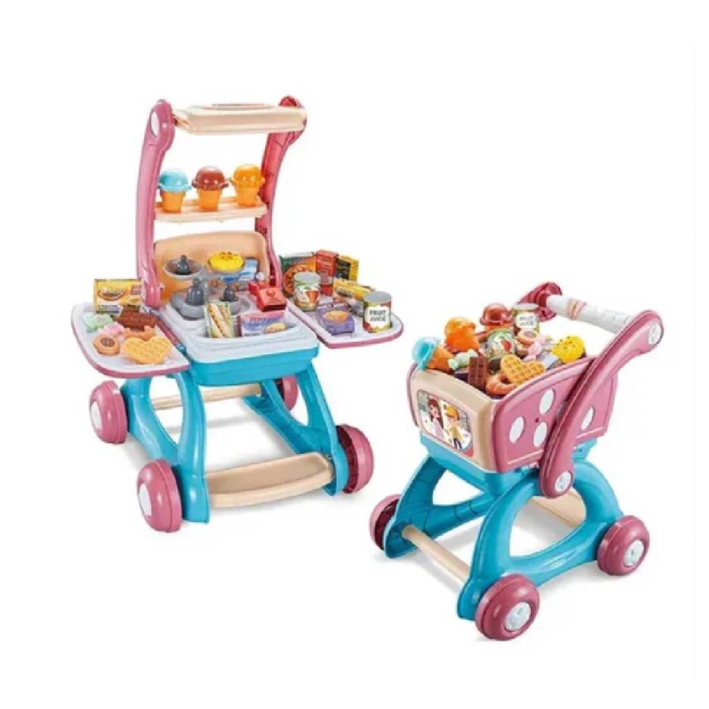 2-in-1 Kids Shopping Cart & Supermarket Playset with Accessories